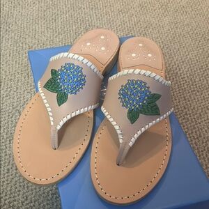Jack Rogers Tan and Blue Sandals with embroidered hydrangea Design